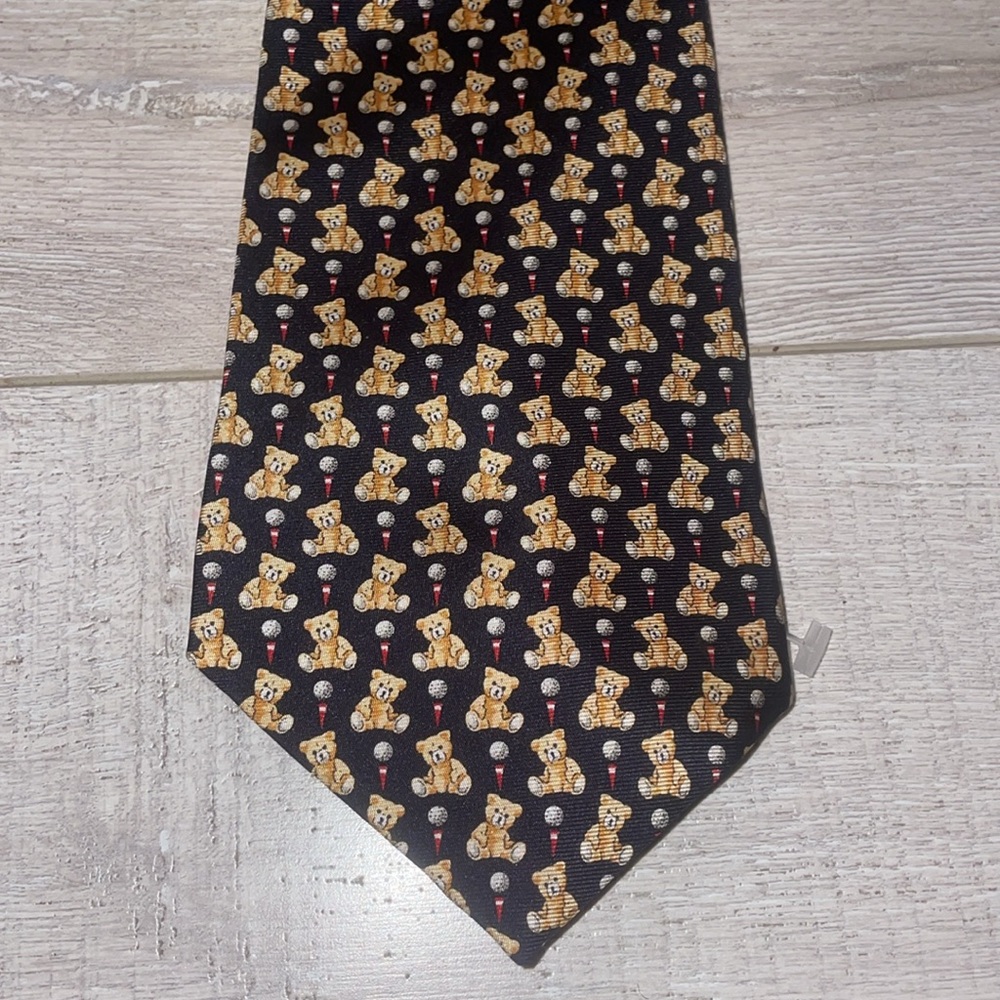 Harrods vintage classic tie black silk teddy bears and gold tees excellent condi